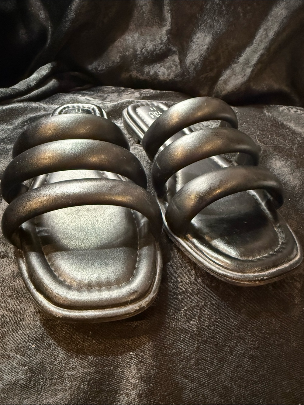 Time and Tru Black Triple-Strap Slide Sandals